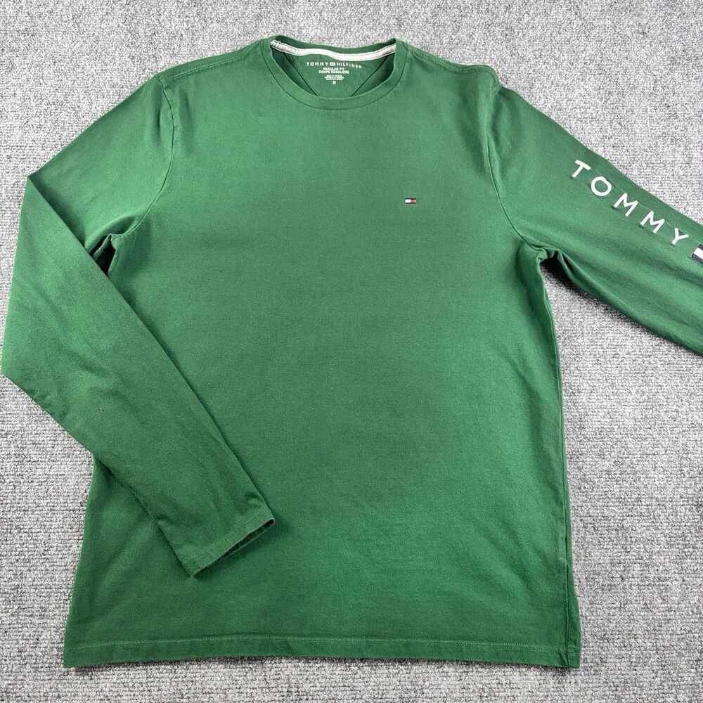 Tommy Hilfiger Shirt Mens M US M Green Long Sleeve Flag Logo Tee